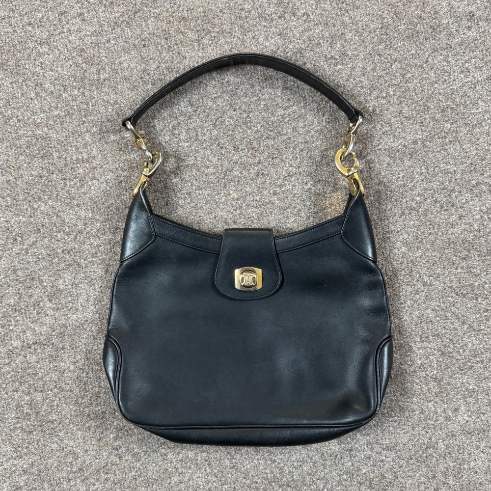 Vintage 80s Celine Black Smooth Leather Hobo Shoulder Bag Gold-Toned Hardware - Picture 2 of 16